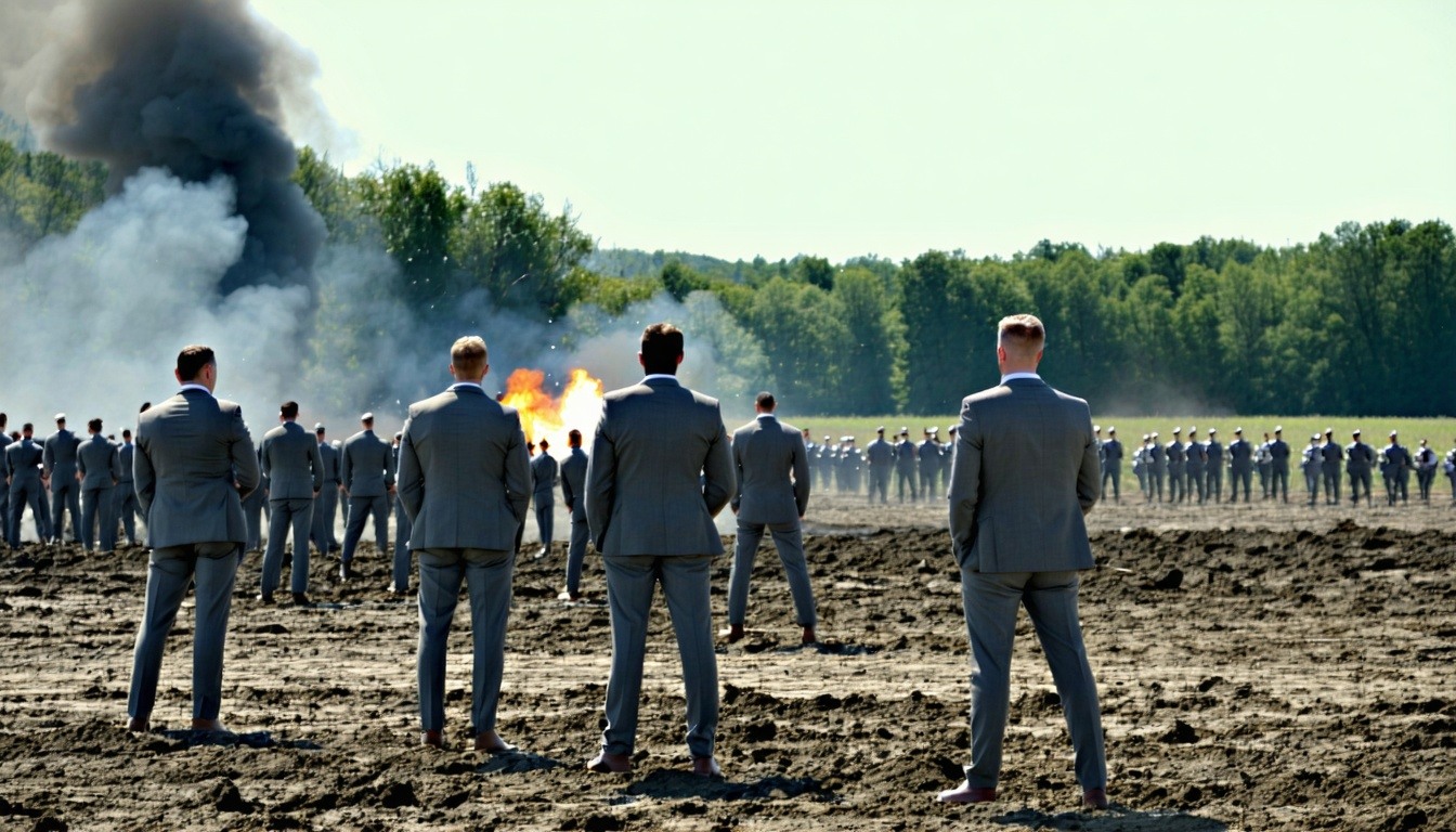 battle ground scene with men in grey suits